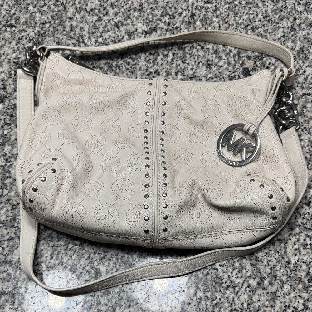 Michael Kors Light Beige Shoulder Bag with Silver Accents